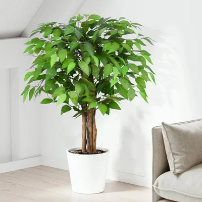 Image de Ficus artificiel de 90 cm, grande plante artificielle très réaliste avec un tronc en bois naturel, grand arbre artificiel pour le salon, la chambre, le bureau et le jardin.