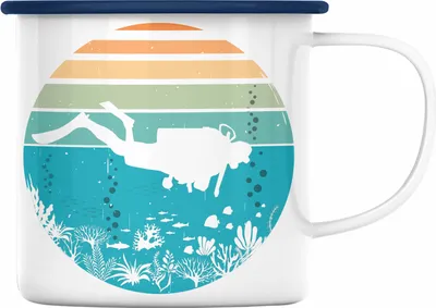 Produktbild von Trendation - Taucher Grafik Emaille Tasse Geschenk für Tauchlehrer Geschenkidee Lustig Tauchen Tauchsport Tiefsee (Blau)
