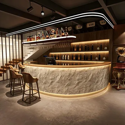 Produktbild von Runde Bartheke mit Kunststeinfront in Natursteinoptik – Empfangstheke mit LED für Café, Bar, Hotel, Restaurant,Grau 220×60×100 cm 【SDWW 220】