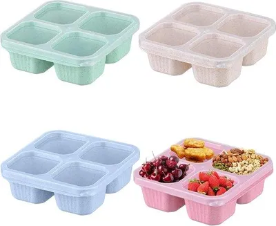 Image de Ensemble de 4 boîtes à lunch Unyqoos®, 4 compartiments + couvercle, en PP de qualité alimentaire (sans BPA), 16,5 x 15,5 x 5,5 cm, empilables, compatibles micro-ondes, lave-vaisselle et réfrigérateur, disponibles en différentes couleurs