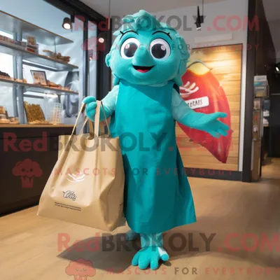 Image de Personnage mascotte REDBROKOLY d un Fish And Chips bleu sarcelle habillé d une robe droite et de sacs fourre-tout