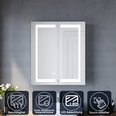 Image de Armoires de toilette à portes battantes LED SONNI en acier inoxydable 60x70x13cm avec interrupteur Dual Touch+interrupteur anti-buée & prise rasoir