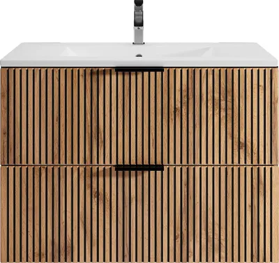 Produktbild von Badezimmer-Hängeschrank mit Waschbecken - Natürliches Licht und Schwarz - 80 cm - MADELA