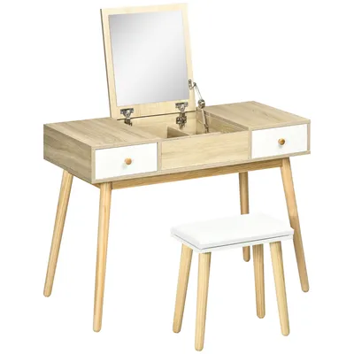 Image de HOMCOM Coiffeuse avec miroir et tabouret, table de maquillage avec 2 tiroirs et miroir rabattable, coussin rembourré, bureau coiffeuse, 100 x 45 x 118 cm, naturel