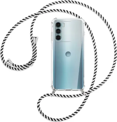 Produktbild von Handykette Backcover-Schutzhülle mit Band (Metall silberfarben) für Motorola Moto G200 5G - schwarz/weiß gestreift
