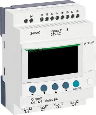 Immagine prodotto di Relè di controllo PLC Schneider Electric, Zelio Logic, design compatto, 10 I/O, 24 VDC, display, orologio, uscite a relè SR2B121B