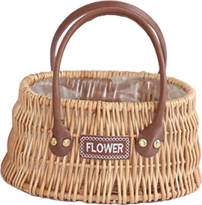 Produktbild von Geflochtener Aufbewahrungskorb aus Rattan mit Ledergriffen, Strandtasche aus Stroh, Tragetasche aus Weide