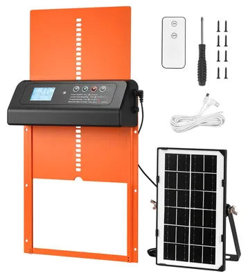 Obrázek produktu pro SucceBuy Automatická klapka pro slepice s napájením ze solárního panelu a baterií, LCD displejem, dálkovým ovládáním, světelným senzorem a časovačem, bezpečnostní funkcí proti přiskřípnutí, z odolné hliníkové slitiny, 350 x 250 x 73 mm, oranžová