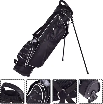 Produktbild von Golfový stojan COSTWAY s nohami, krytom proti dažďu a 4 priehradkami, prenosná taška na ceruzky s hlavovou časťou a popruhom na prenášanie (čierna)