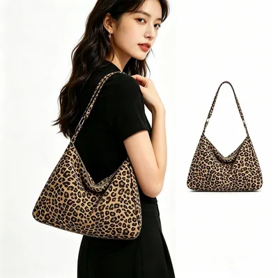 Produktbild von Damen Schultertasche Leopard Print – Große Shopper Tasche Khaki