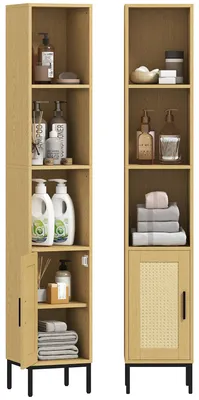 Produktbild von HOMCOM Schmaler Badezimmerschrank mit offenen Ablagen, verstellbarem Einlegeboden, Naturholzoptik