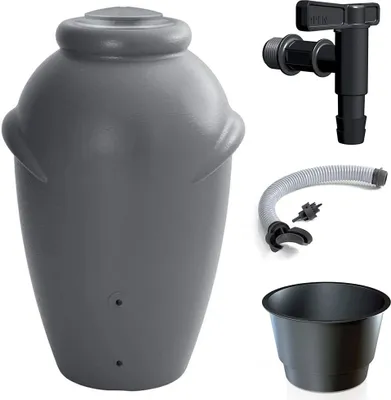 A rain barrel and its accessories are displayed against a white background.