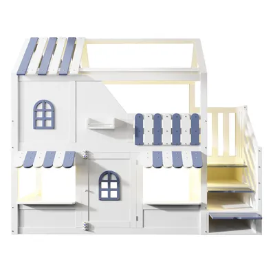 Produktbild von Flieks Etagenbett 90x200cm mit Led, Kinderbett Hausbett mit Fenster und Dach, Kinder Hochbett mit Treppe und Stauraum, Einzelbett Holzbett Weiß Blau