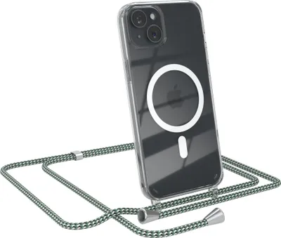 Produktbild von EAZY CASE - Handykette kompatibel mit Apple iPhone 15 Plus Kette zum Umhängen Stoßfest Handyhülle für Apple iPhone 15 Plus Silikon Hülle mit Band Transparent als Fallschutz in Hellgrün Camouflage - Clips Silber