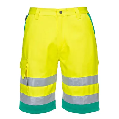 Imagen del producto de Pantalones cortos de mezclilla de alta visibilidad Portwest, color amarillo/azul verdoso, talla XL