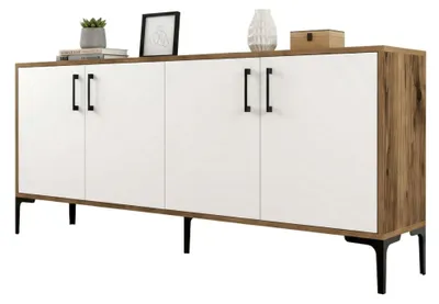 Produktbild von Kommode Orionis, Wohnzimmerbuffet, Wohnzimmer-Sideboard, Moderne Küchen-Speisekammer, 180x35h78 cm, Walnuss und Weiß
