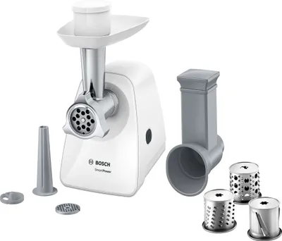 Produktbild von Hachoir a viande - BOSCH - MFW2514W SmartPower - Blanc - moteur bloqué 1500 W - 1,7 kg/mn - 2 grilles de hachoir - râpeur/émi
