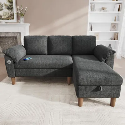 Productafbeelding van L-vormige hoekbank, 3-zits, chaise longue met opbergruimte, USB/Type-C poorten, zijvak, chenille (donkergrijs)