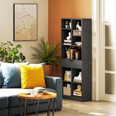 Zdjęcie produktu dla Nowoczesna półka na książki z szufladą i zabezpieczeniem przed przewróceniem, 60x26x158 cm, kolor czarny