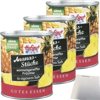 Produktbild von Hofgut Ananas Stücke 3er Pack (3x850ml Dose) + usy Block