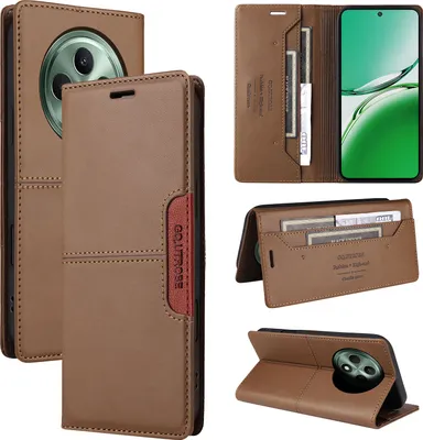 Image de Etui pour Oppo Reno12F 5G, étui portefeuille en cuir avec fente pour cartes et support Marron
