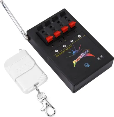 A black electronic remote control system for fireworks, with a white remote control unit attached by a keychain.