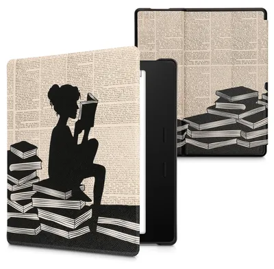 Produktbild von kwmobile Schutzhülle für Amazon Kindle Oasis 10. Generation Hülle - eReader Flip Case mit Auto Sleep Funktion - Lesende Frau mit Schwarz Beige