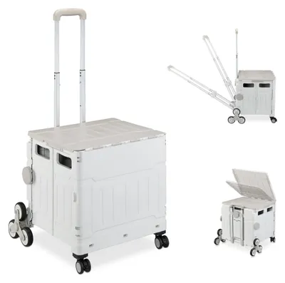 Image de Chariot de courses Relaxdays avec système de montée d'escaliers, pliable, panier à roulettes, couvercle, poignée télescopique inclinable, gris/blanc