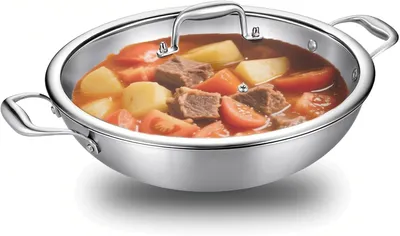 Immagine prodotto di Wok in acciaio inossidabile, a triplo strato, diametro 30 cm, adatto per piani cottura a induzione, ideale per la cucina