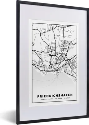 Produktbild von MuchoWow® Gerahmtes Poster Friedrichshafen - Karte - Stadtplan - Karte 40x60 cm - Poster mit Schwarzem Bilderrahmen Wandposter Rahmen Foto Bilder - Poster in Rahmen