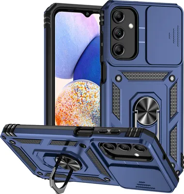 Image de Étui pour Samsung Galaxy A15 étui double couche avec couvercle coulissant pour appareil photo et anneau de support bleu