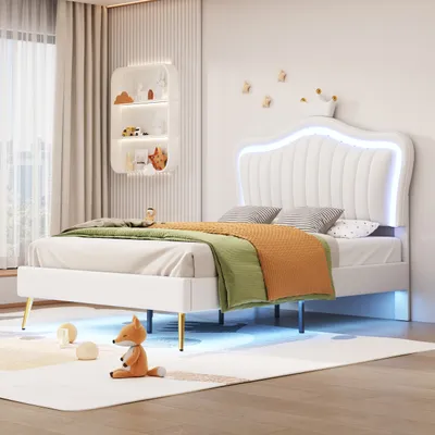 A child's bedroom with a white bed and decorative elements.
