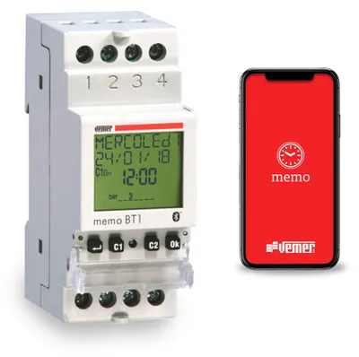 Produktbild von VEMER VE767600 MEMO BT1 - Digitale Zeitschaltuhr mit Tages- oder astronomischer Programmierung, Bluetooth und App-Steuerung, 1-Kanal, DIN-Hutschiene, Weiß
