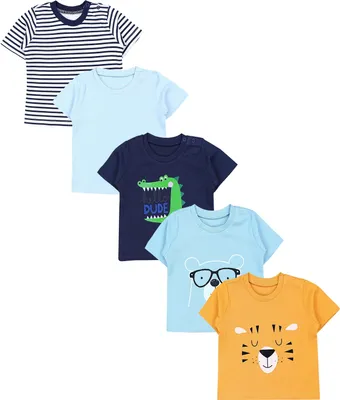Produktbild von TupTam Baby Jungen Kurzarm T-Shirt mit Aufdruck Unifarben Sterne Streifen 5er Set, Farbe: Löwe Krokodil Bär Streifen Blau Hellblau Gelb, Größe: 80