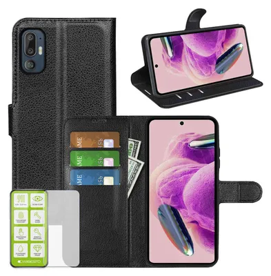 Image de Étui pour téléphone portable HTC U24 Pro, noir, en simili cuir + verre de protection H9