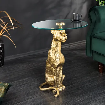 Produktbild von riess-ambiente Runder Beistelltisch WILDLIFE PANTHER 60cm gold antik Metall Glas Skulptur Couchtisch Tisch