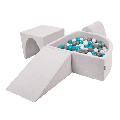 Immagine prodotto di Parco giochi in schiuma KiddyMoon con piscina a quarto di cerchio con palline (300 palline) percorso ad ostacoli, grigio chiaro:grigio/bianco/turchese