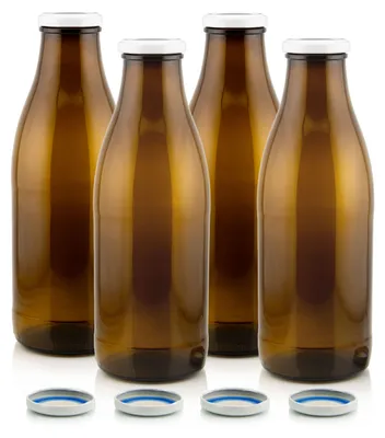 Milch Glasflaschen braun im Set mit 4 Flaschen und Ersatzdeckeln weiss