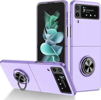 Three views of a purple Samsung Z Flip4 phone case with a ring stand, displayed against a white background.