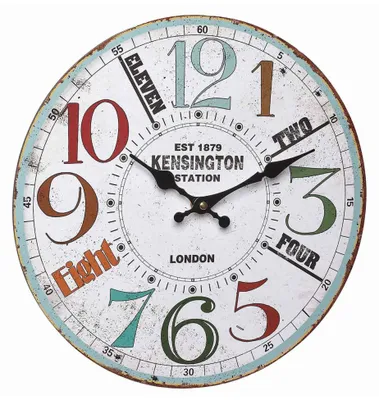 A vintage-style analog wall clock with a distressed finish.