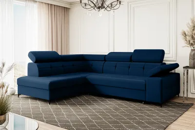 Produktbild von MEBLINI Schlafcouch mit Bettkasten - Ecksofa mit Schlaffunktion - Sofa mit Relaxfunktion und Kopfstützen - Couch L-Form - Eckcouch - Wohnlandschaft - BERGAMO - 274x203x83cm Links - Blau Samt
