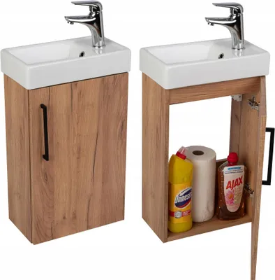 Image de Stamar | Armoire de salle de bains, avec lavabo, 50 cm, chêne doré