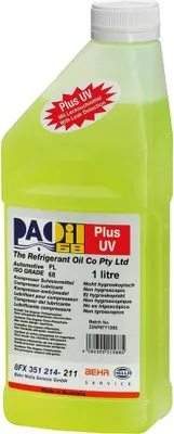 Obrázek produktu pro MAHLE olej do kompresorů klimatizace "PAO Oil" plně syntetický "PAO 68 Plus UV", láhev 1000 ml, s příměsí kontrastní látky pro detekci úniku UV zářením (NENÍ vhodný pro hybridní vozidla s elektrickými kompresory a chladivem R1234yf)