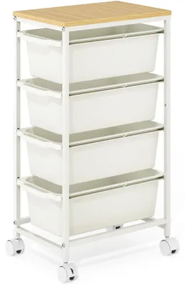 Image de Chariot de rangement avec 4 tiroirs et plateau en bois, de couleur blanche