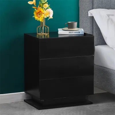 Image de Table de nuit CLIPOP avec LED et 3 tiroirs, haute brillance, 50x35x60cm, noir