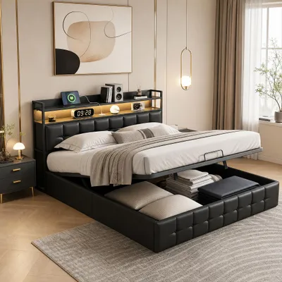 Image de INONEFT, lit rembourré 160x200 cm, lit pour adolescents avec LED/USB, lit double avec tête de lit, lit à lattes relevables hydrauliques, lit avec rangement et sommier à lattes, revêtement en PU, couleur noire