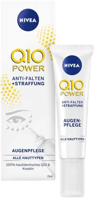 A Nivea Q10 Power eye cream product and its packaging are shown against a white background.