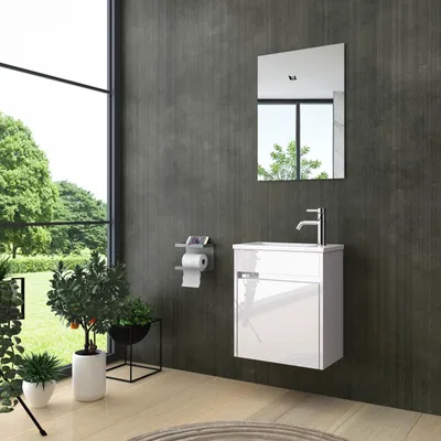 Produktbild von Badmöbel set Hochglanz 3 Tlg Weiß Soft Close Badezimmer Möbel badmöbel 46 cm Bad