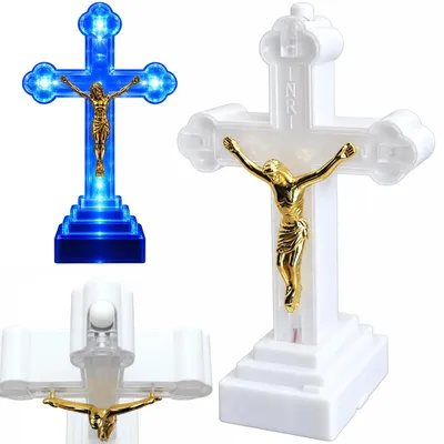 Zdjęcie produktu dla Krzyż plastikowy led świeczka znicz LED na grób złoty podświetlany 12x8x5 cm dekoracja religijna cmentarna