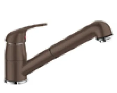 A brown kitchen faucet is shown against a white background.